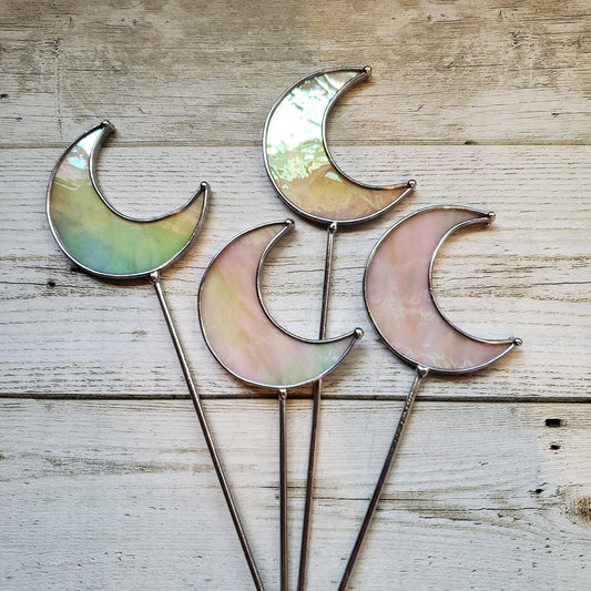 Stained Glass Iridescent Moon Planter Stakes