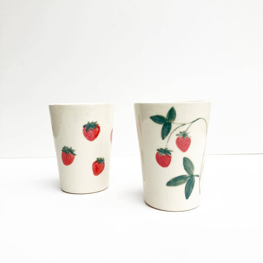 Hand painted Strawberry Ceramic Cups: Strawberries with leaves